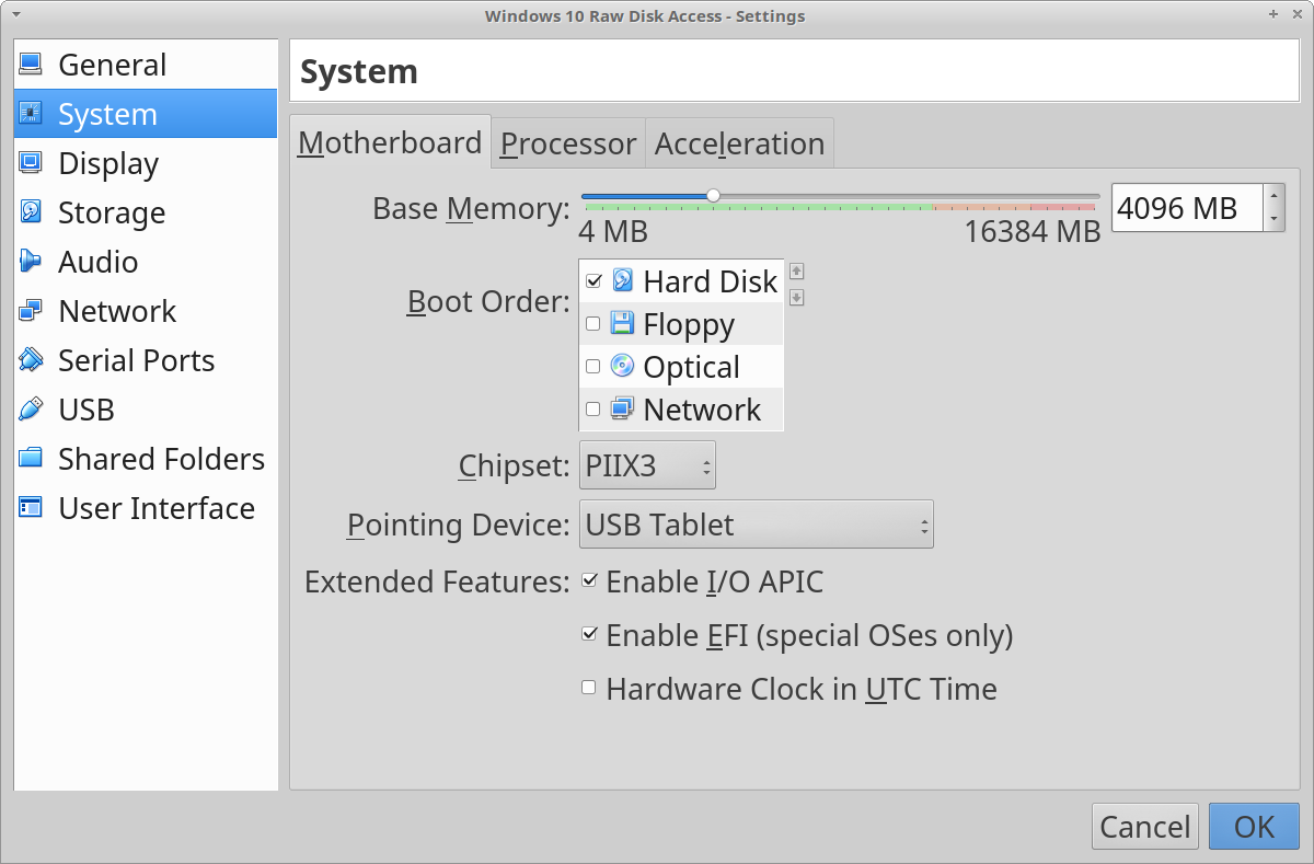 A screenshot of the virtual machine setting page showing the boot order set to 'Hard Disk', and EFI boot enabled if required.
