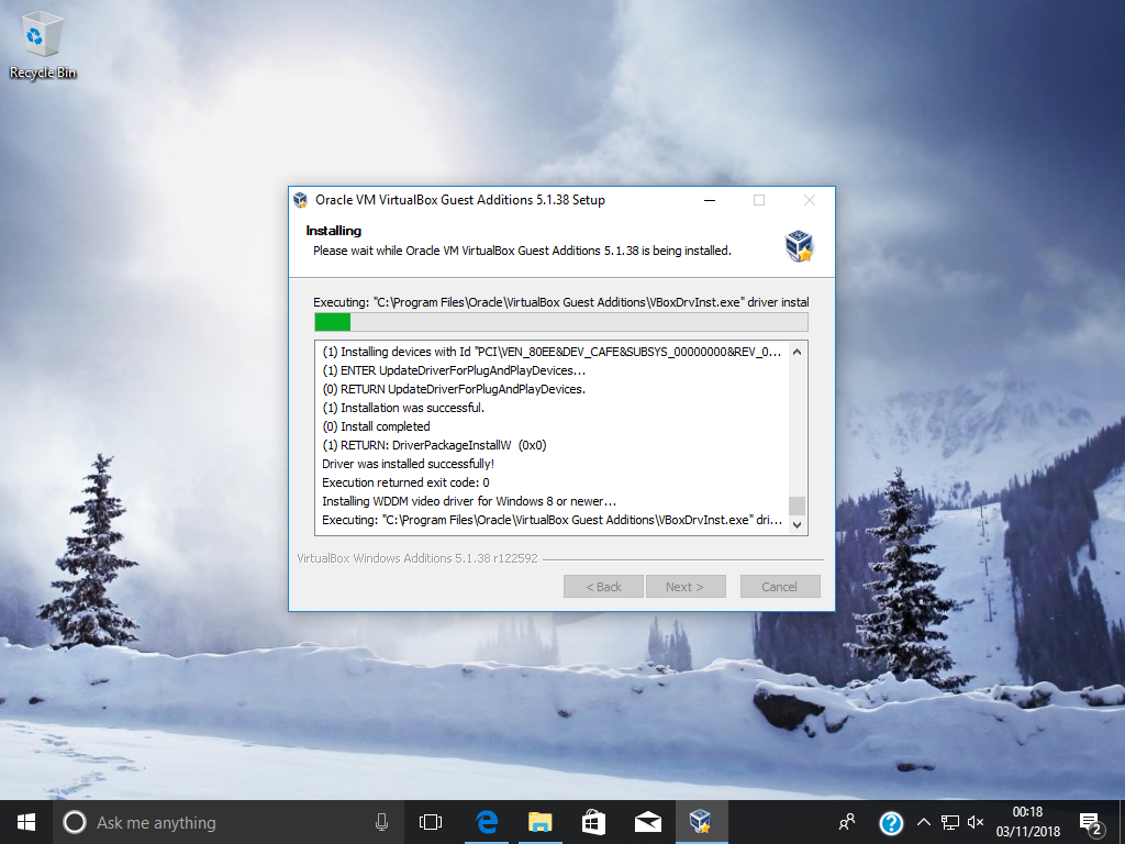 A screenshot of the installer for the VirtualBox Guest Additions running in the Windows 10 virtual machine.