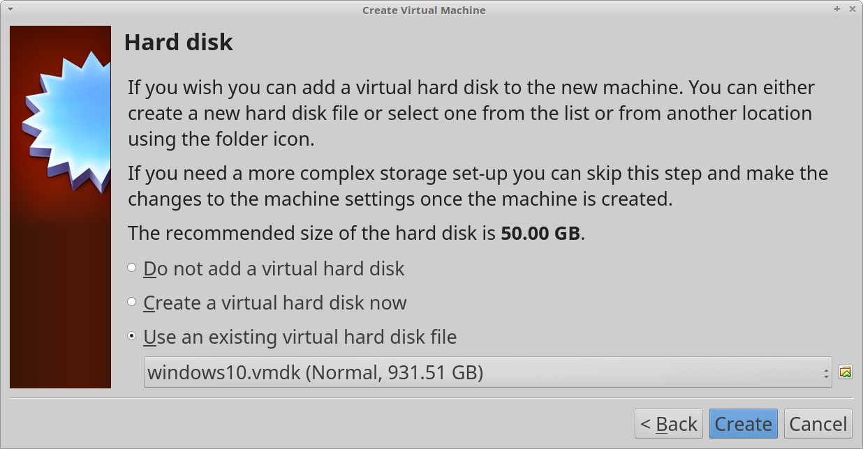 A screenshot of the hard disk section of the VirtualBox virtual machine setup wizard, with the VMDK file created in the previous step selected.