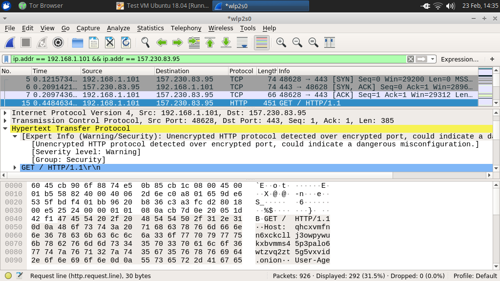 A screenshot of a packet capture in Wireshark, showing raw HTTP being sent to port 443 without the required TLS connection in place.