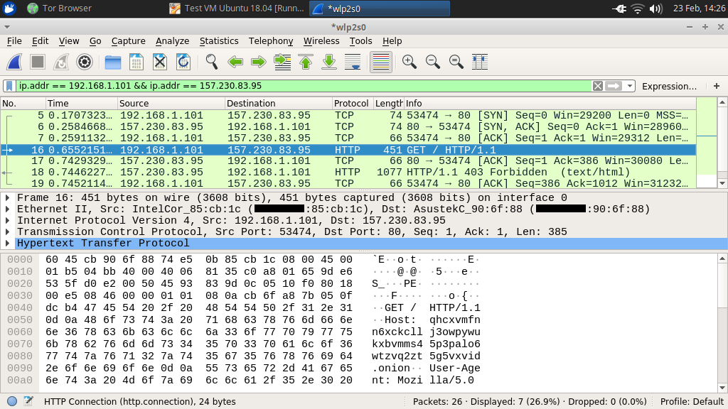 A screenshot of a packet capture in Wireshark, showing an unencrypted HTTP GET request being forwarded to the remote JamieWeb server.