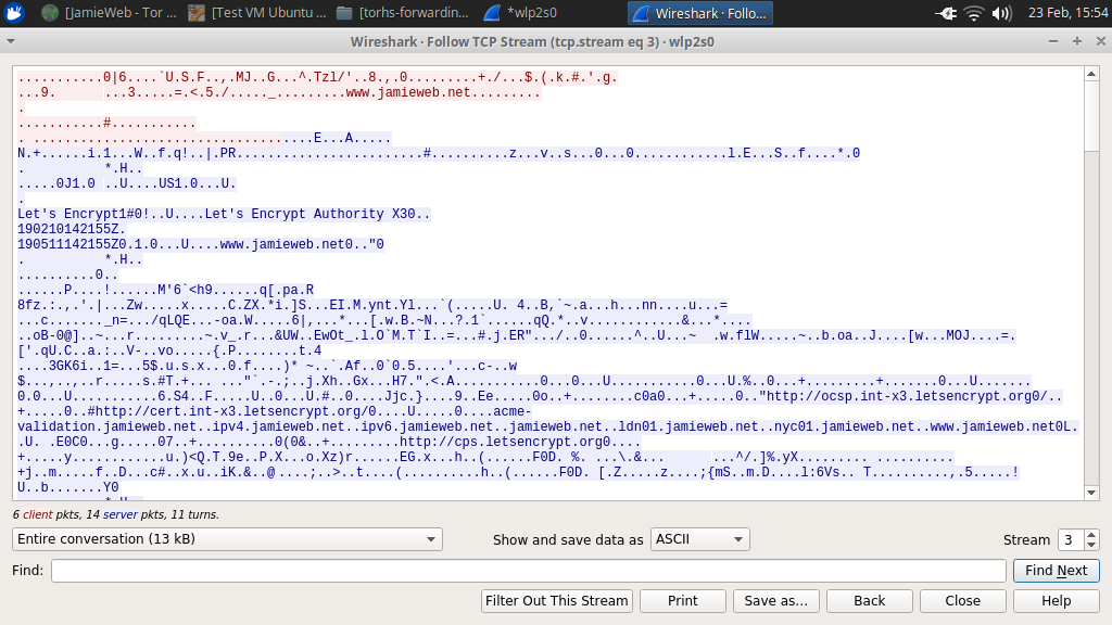 A screenshot of a TCP trace in Wireshark, showing the TLS 1.2 handshake taking place.