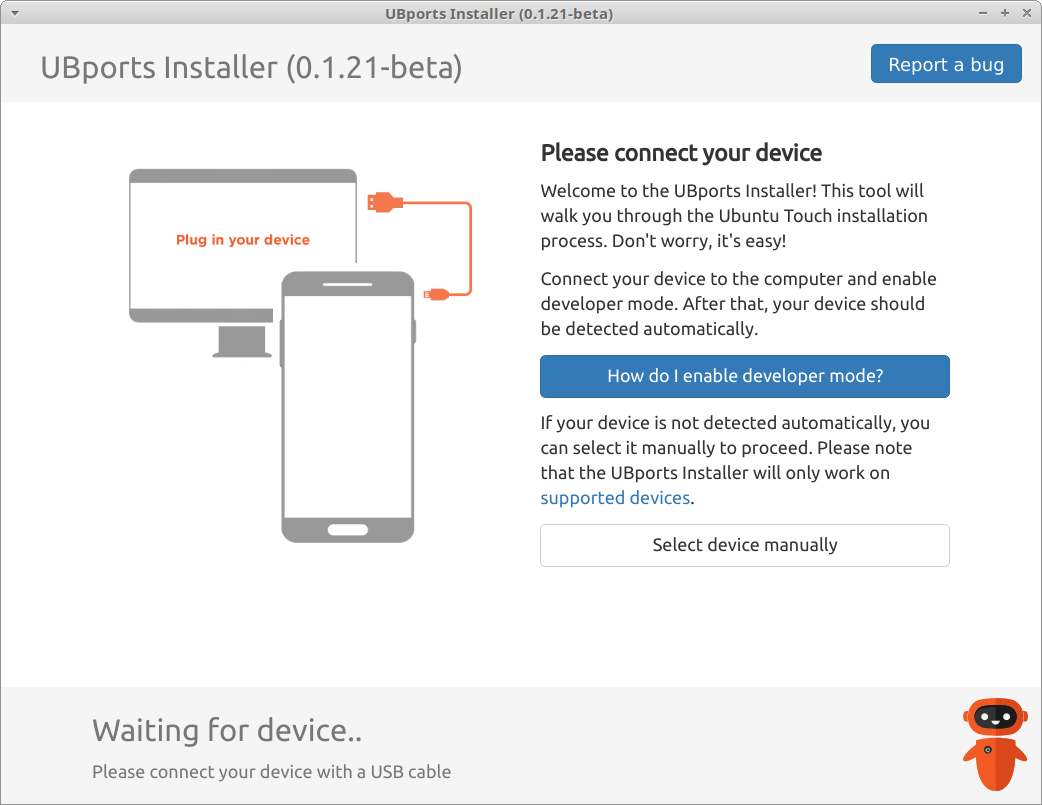 A screenshot of the UBports installer application, showing the main welcome screen.