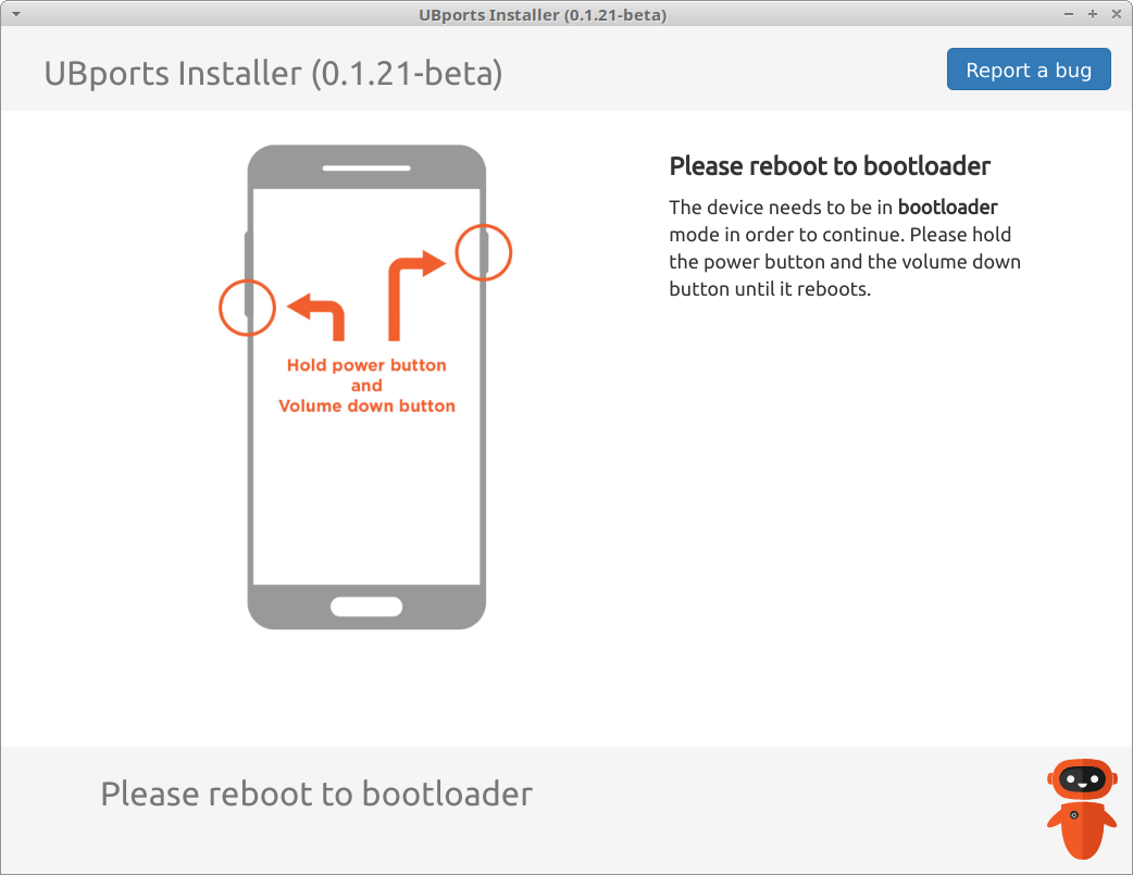 A screenshot of the UBports installer application, asking the user to reboot their phone into the bootloader, with a static graphic demonstrating how to do this.