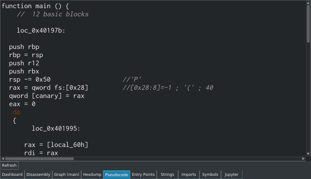 A screenshot of the Cutter pseudocode view.