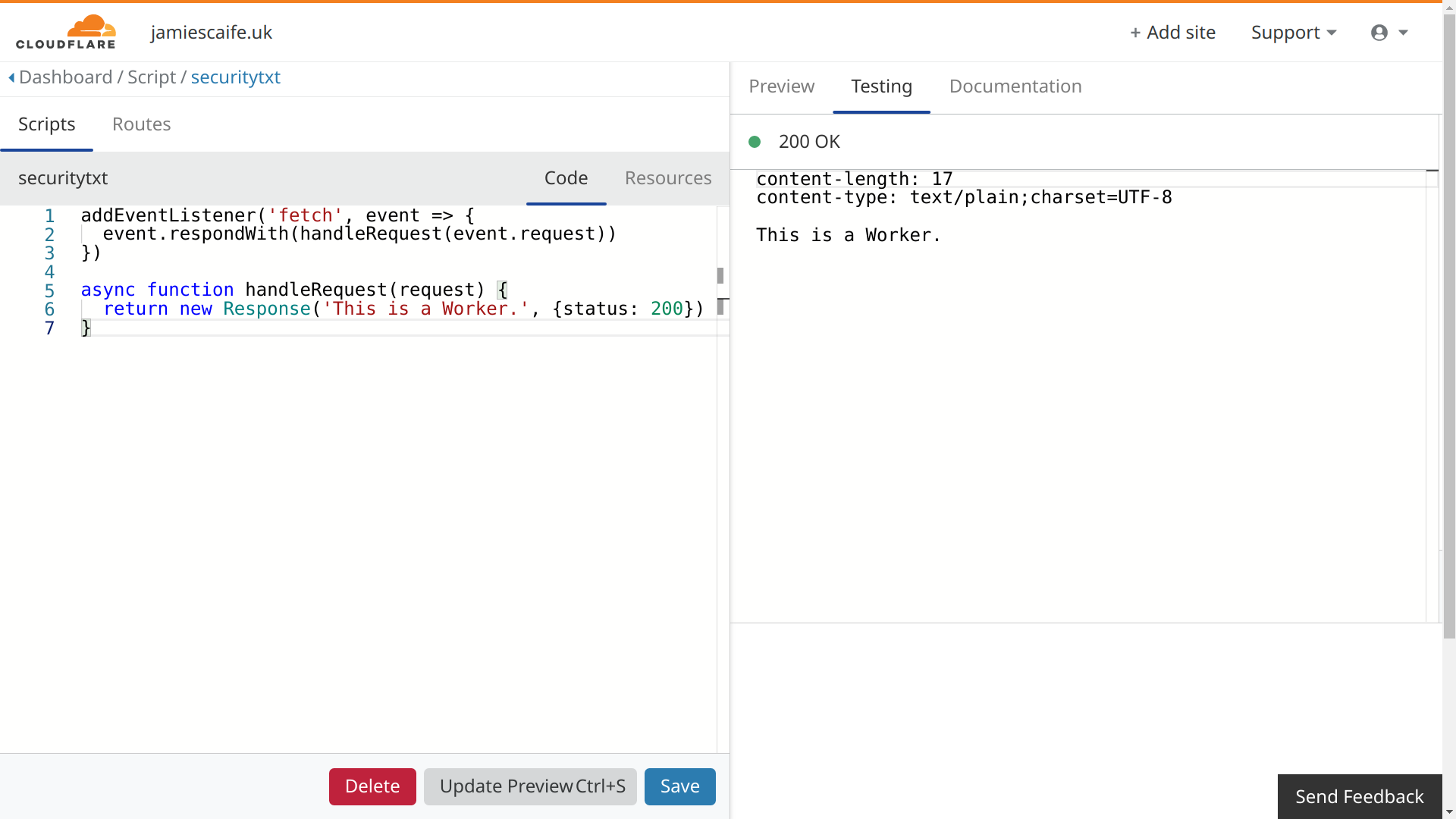 A screenshot of the Cloudflare Workers editor, showing the sample code and the test output.