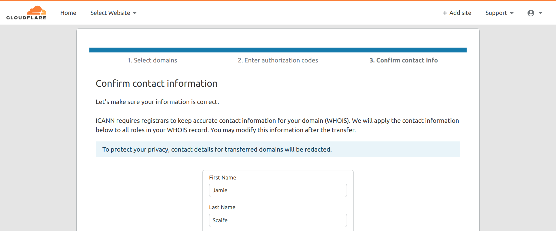 A screenshot of form for entering the desired WHOIS contact information for jamieweb.net.