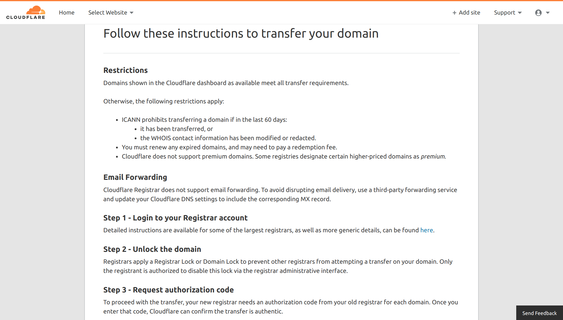 A screenshot of the domain name transfer instructions screen.