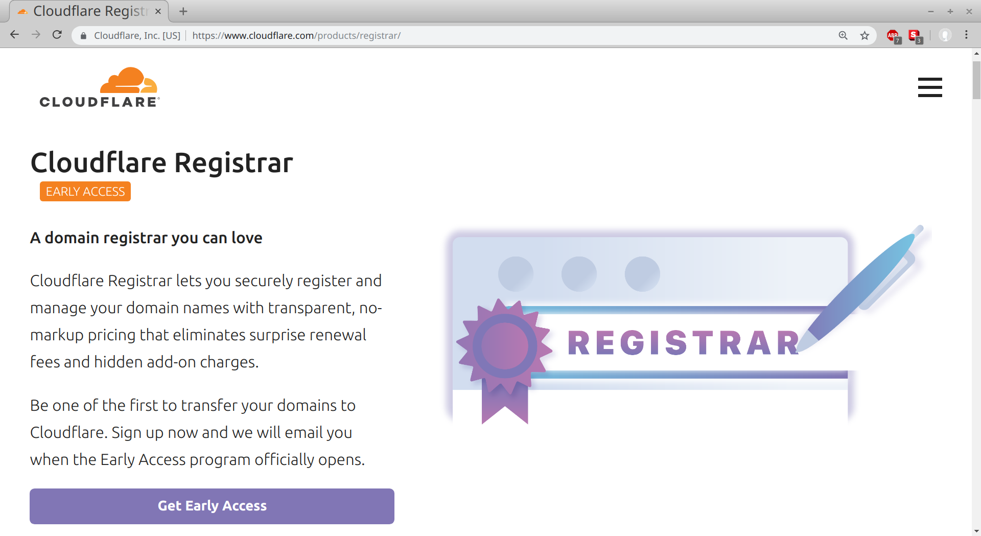 A screenshot of the Cloudflare Registrar product page.
