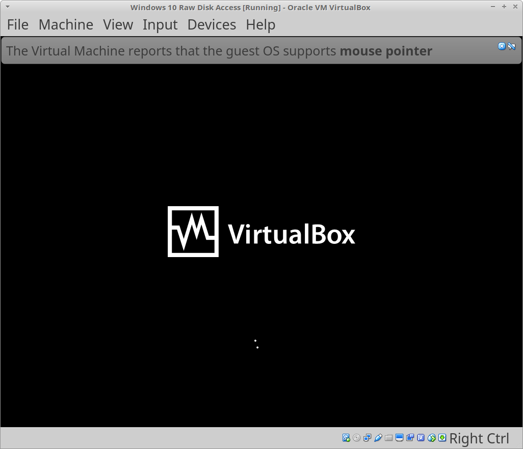 A screenshot of the Windows 10 virtual machine booting successfully for the first time.