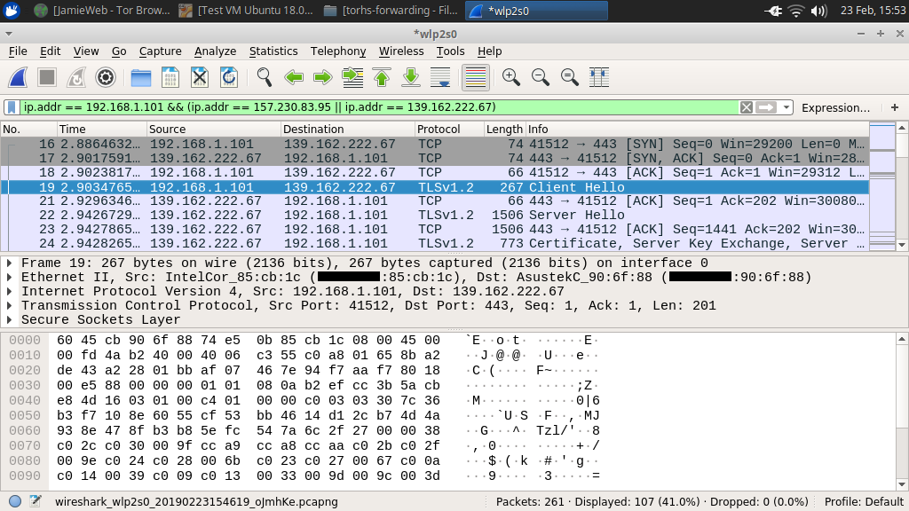 A screenshot of a packet capture in Wireshark, showing a TLS 1.2 connection being established between the Apache reverse proxy and remote server.