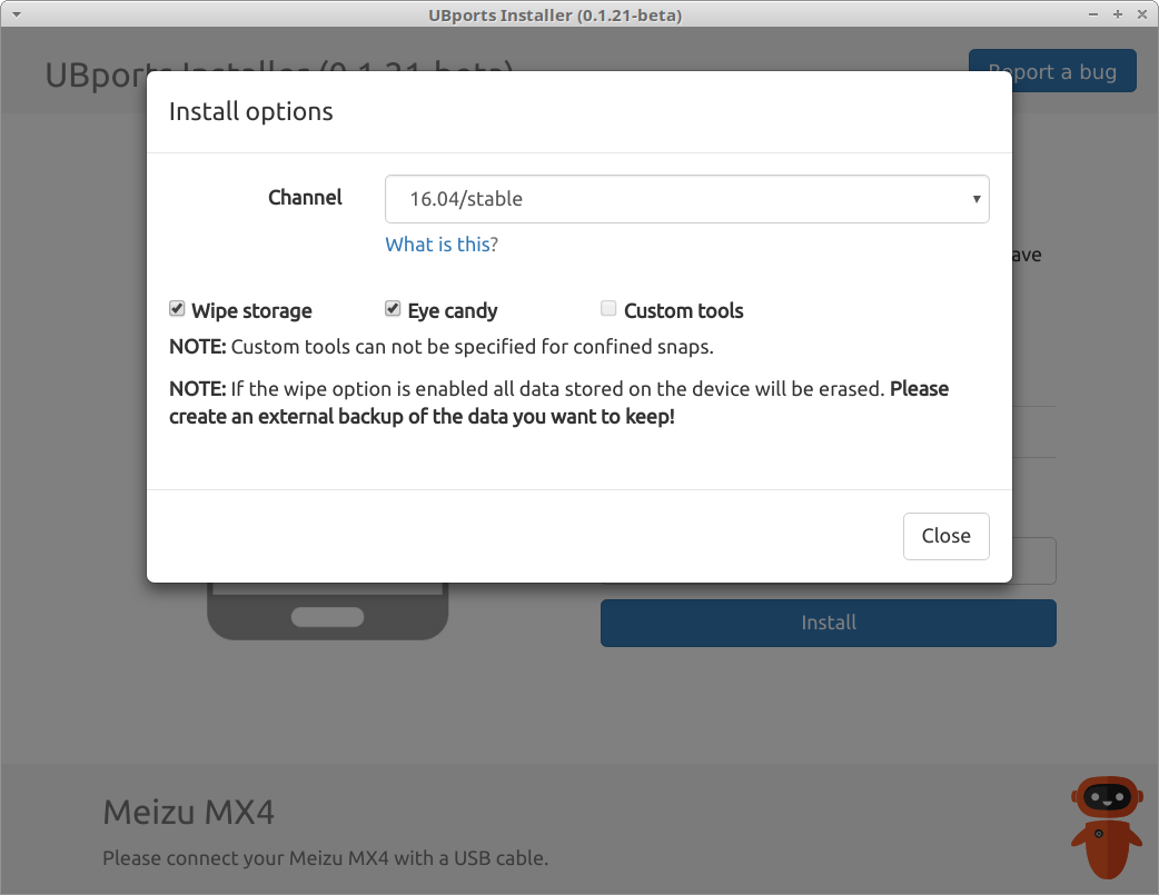 A screenshot of the UBports installer application, showing my phone selected and the 'Install Options' menu.