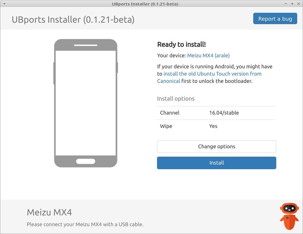 A screenshot of the UBports installer application, showing the installation confirmation screen.