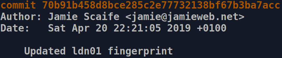A screenshot of a Git log, showing a commit for 'Updated ldn01 fingerprint'.