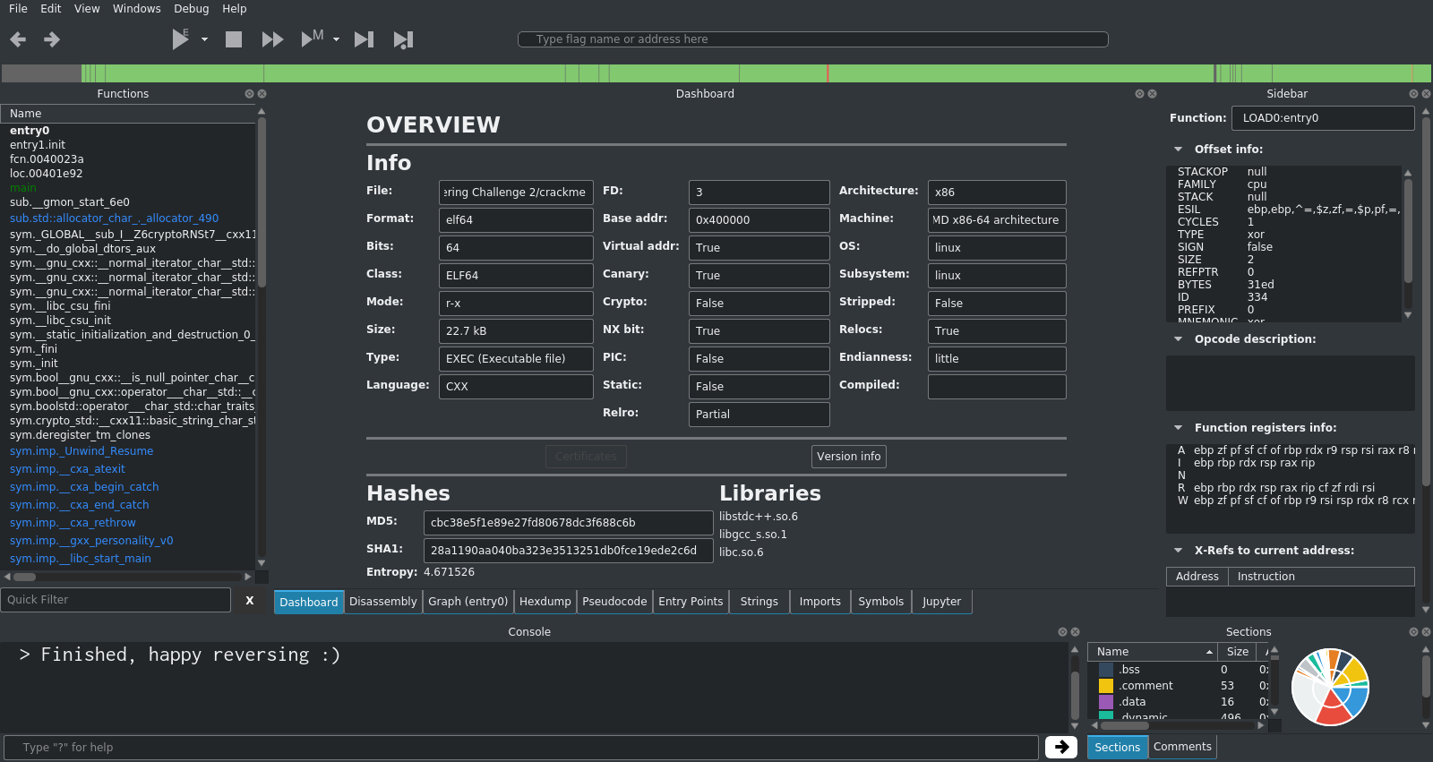 A screenshot of the default interface layout of Cutter.