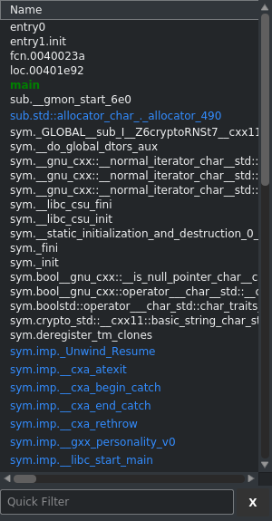 A screenshot of the Cutter functions list.