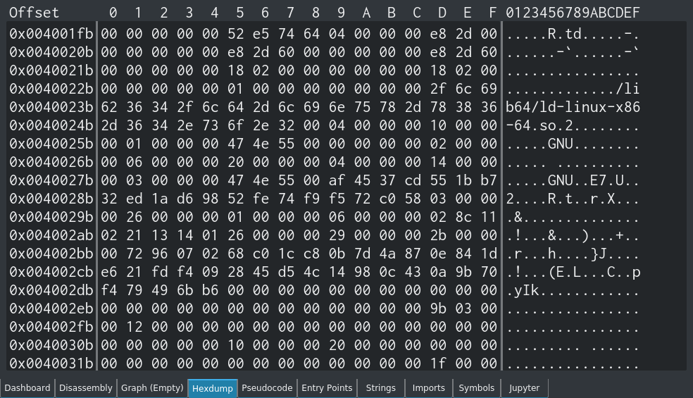 A screenshot of the Cutter hexdump view.