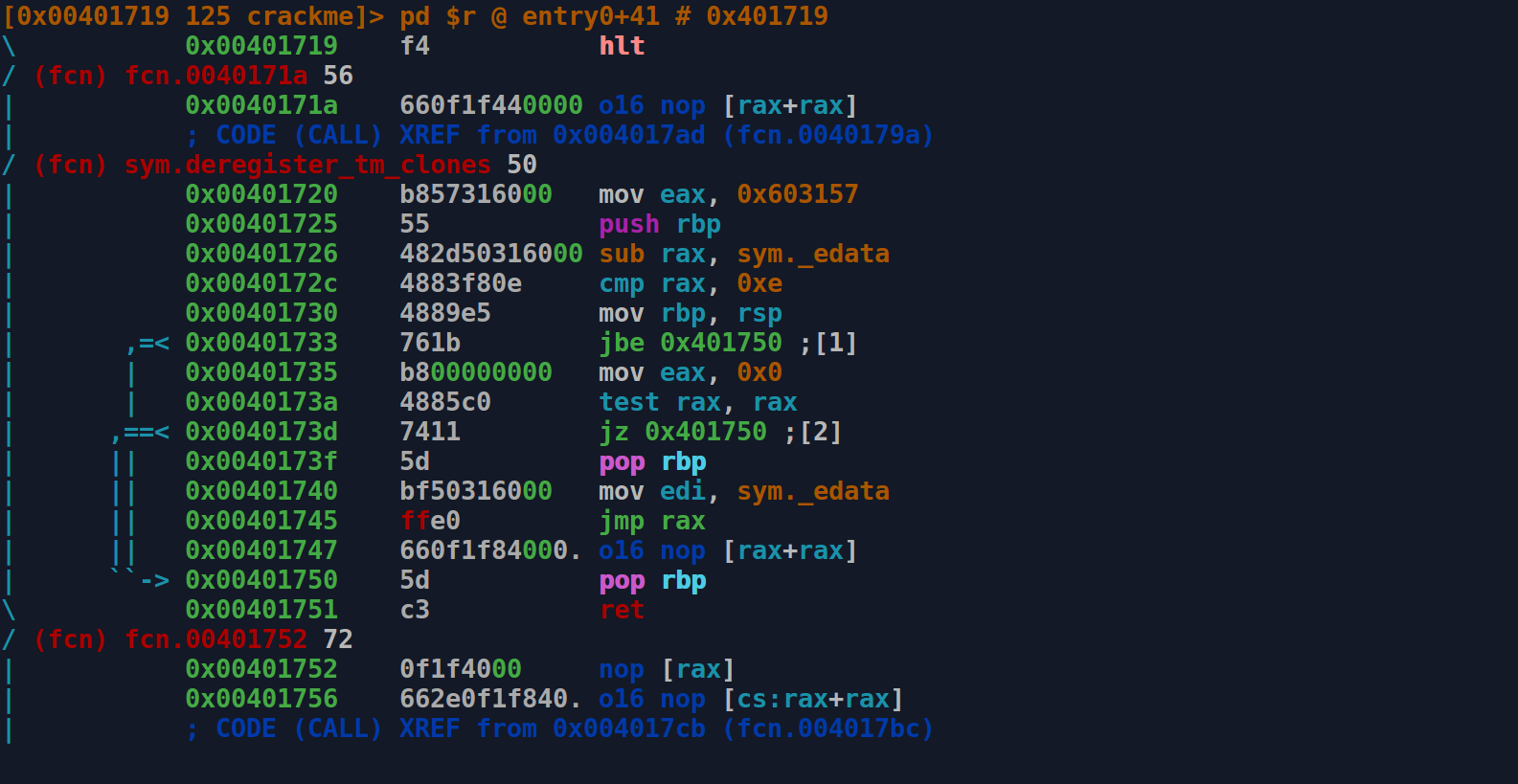 A screenshot of the radare2 interface running in the command-line.