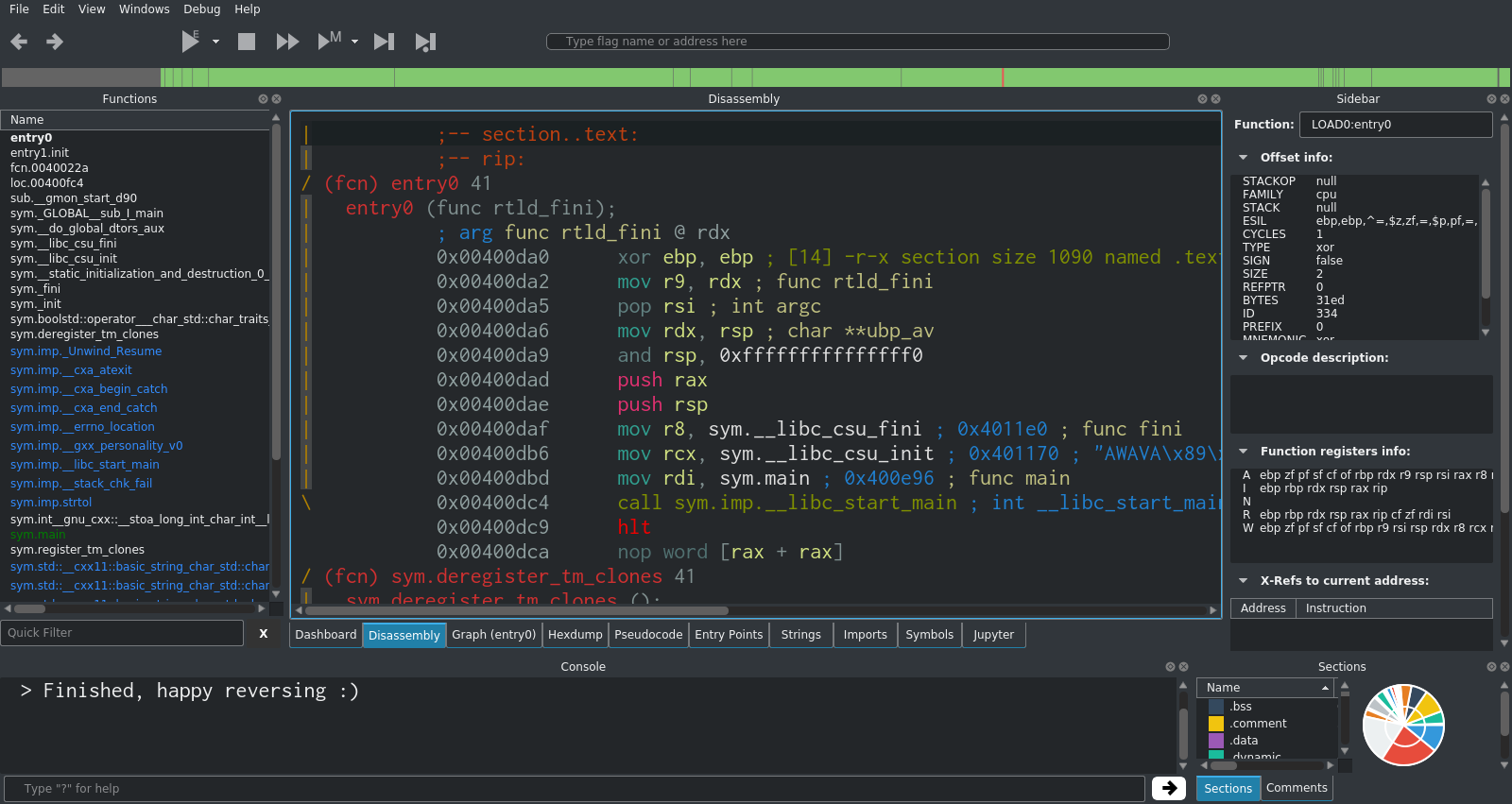 A screenshot of the default Cutter interface when analysing a new file.
