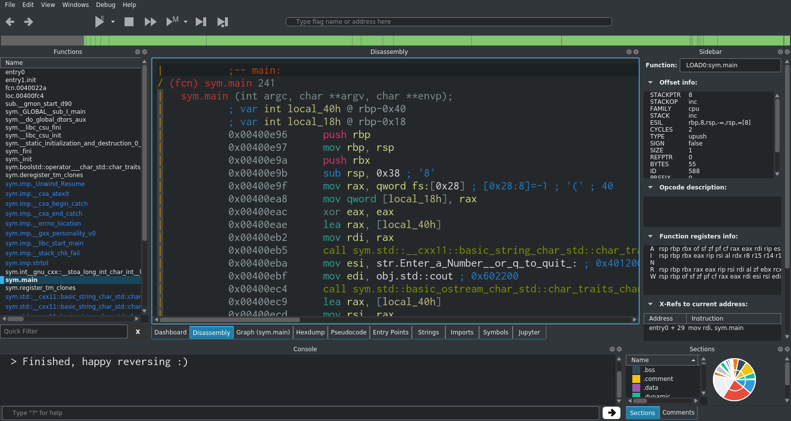 A screenshot of the Cutter interface with the main function showing in the disassembly view.