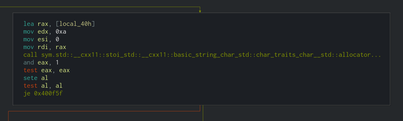 A screenshot of the Cutter interface with the assembly code for determining whether the user inputted number is odd or even.