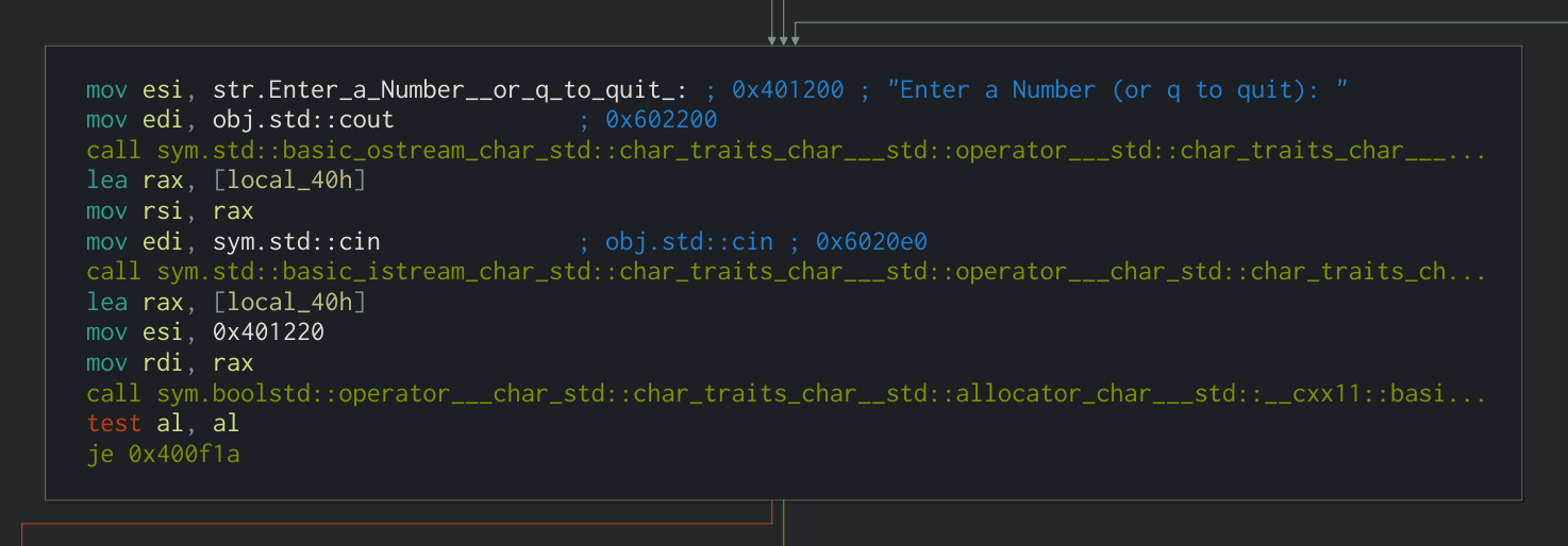 A screenshot of the Cutter interface with the assembly code for prompting for user input showing.