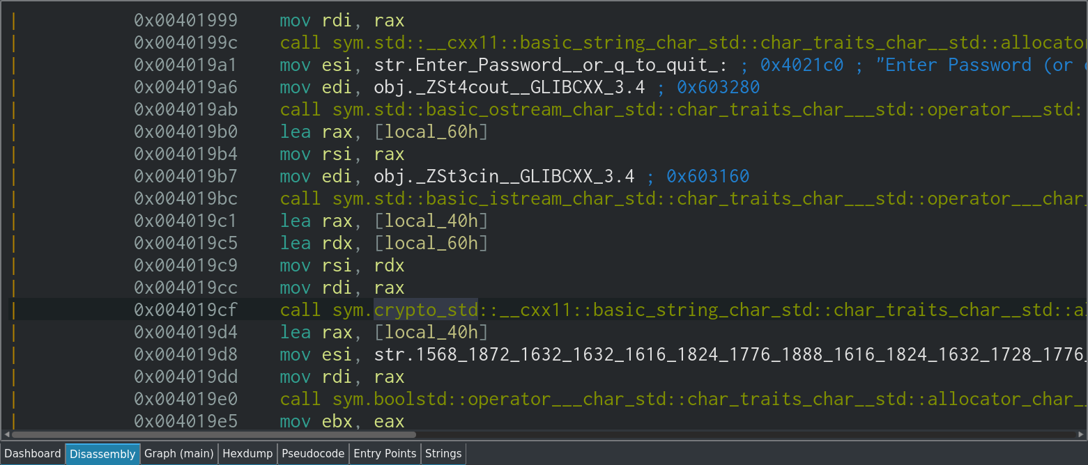 A screenshot of the disassembly view in Cutter, showing the 'main' function and some of the strings discovered earlier from the stringdump.