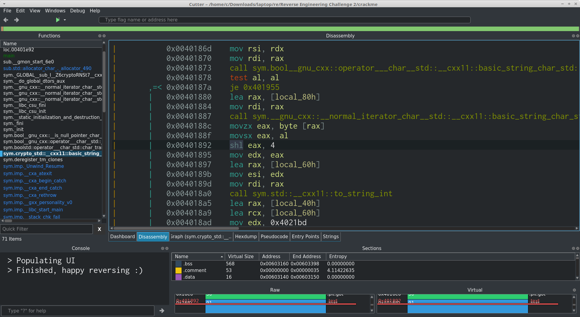 A screenshot of the disassembly view in Cutter, showing the 'crypto' function with an 'shl' instruction highlighted.