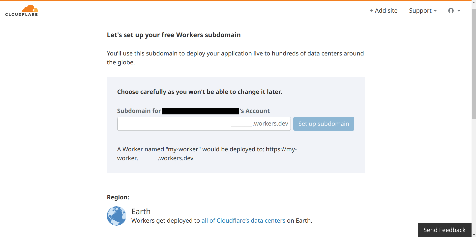 A screenshot of the Cloudflare dashboard, prompting you to claim a Workers.dev subdomain.