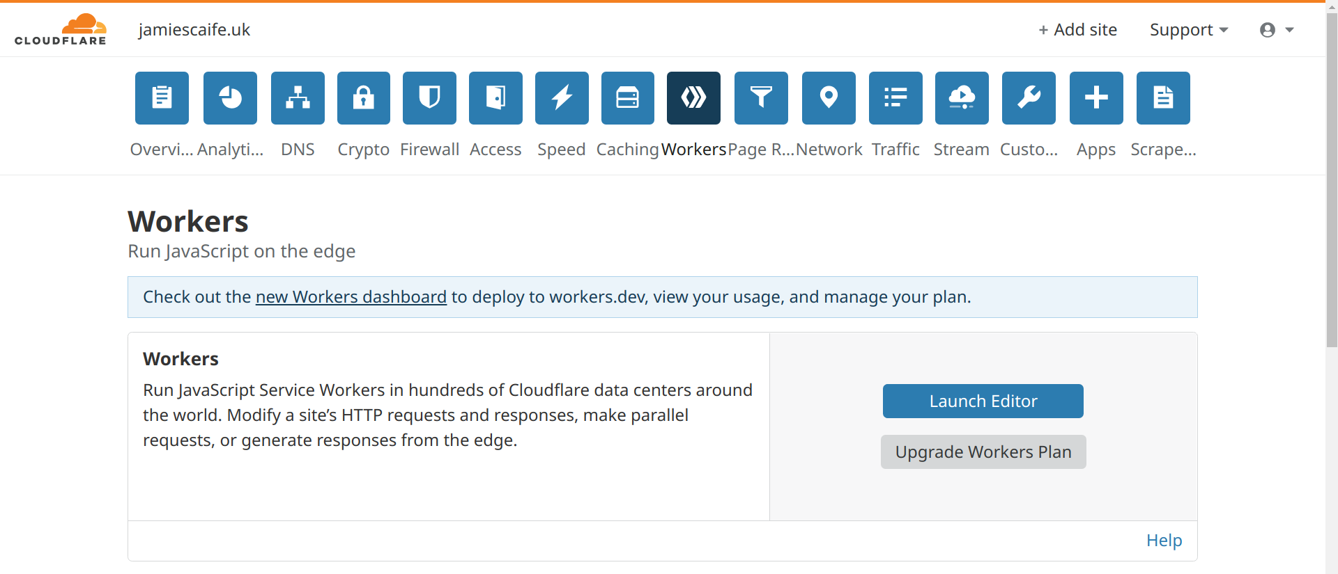 A screenshot of the Cloudflare Workers app within the Cloudflare dashboard.