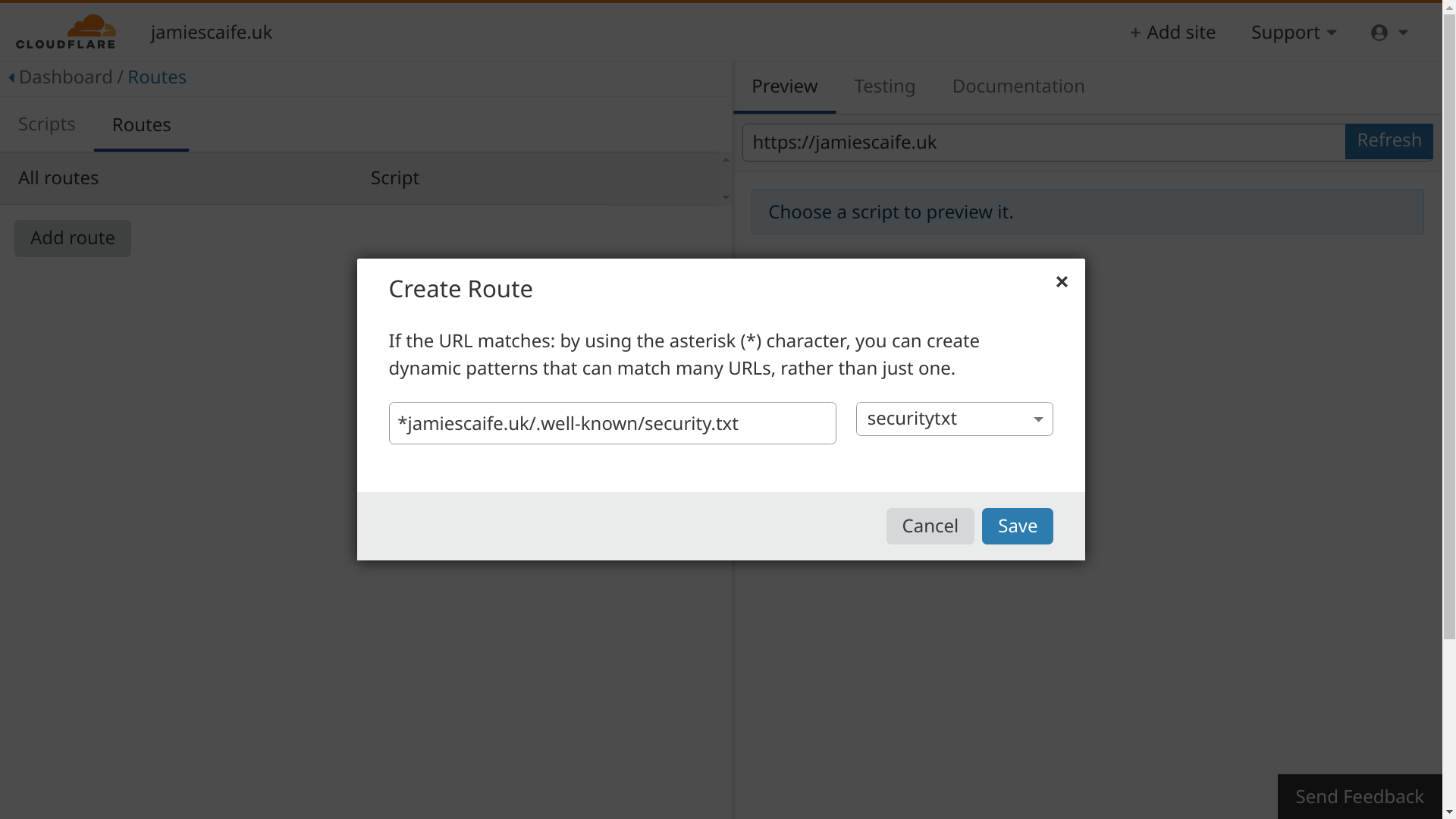 A screenshot of the configurational modal for the Worker route, showing the URL path for security.txt as well as the securitytxt Worker selected.