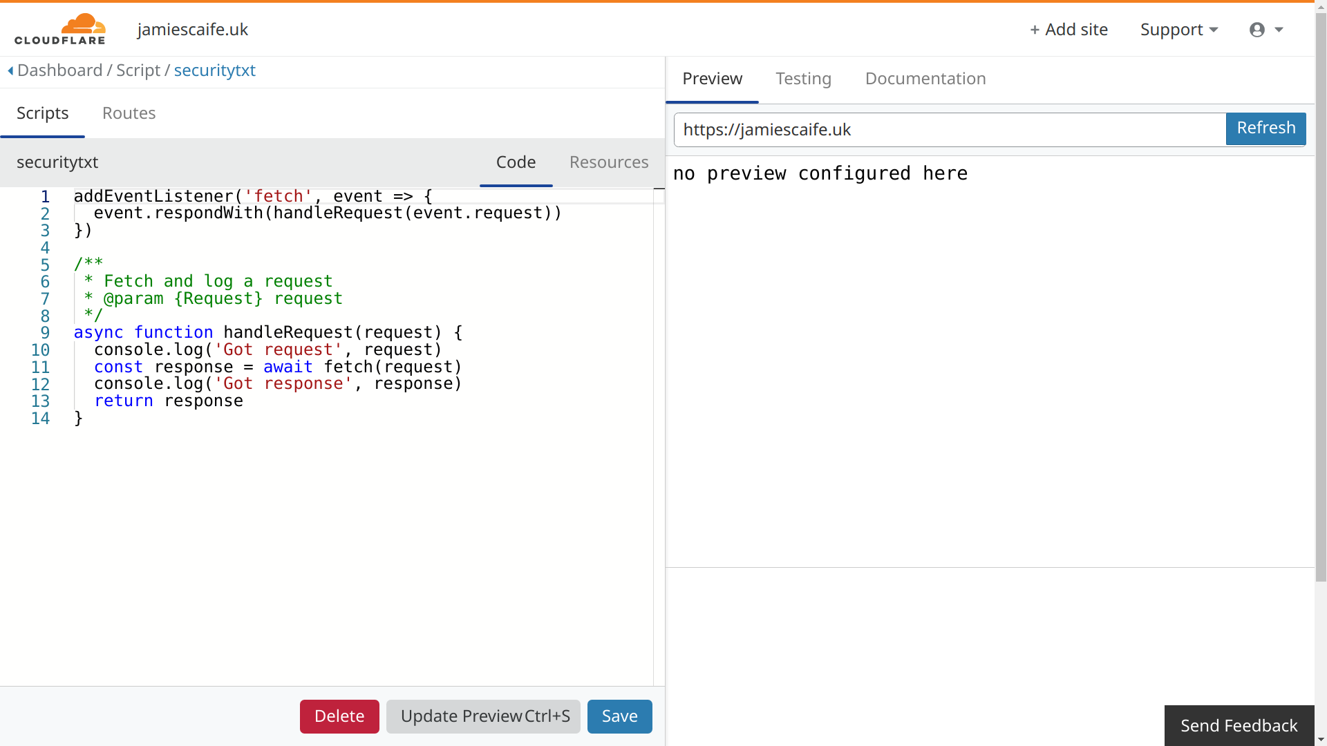 A screenshot of the Cloudflare Workers editor, showing some placeholder/example code on the left, and a preview of the output on the right.