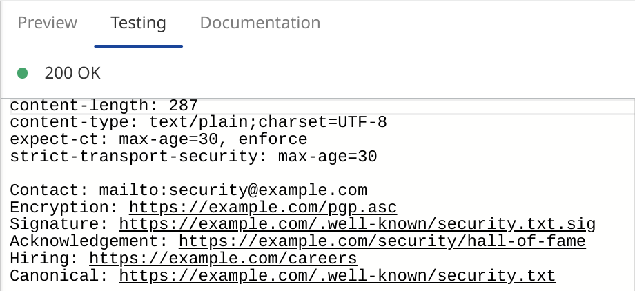 A screenshot of the testing window for the security.txt worker, showing the example headers and response.