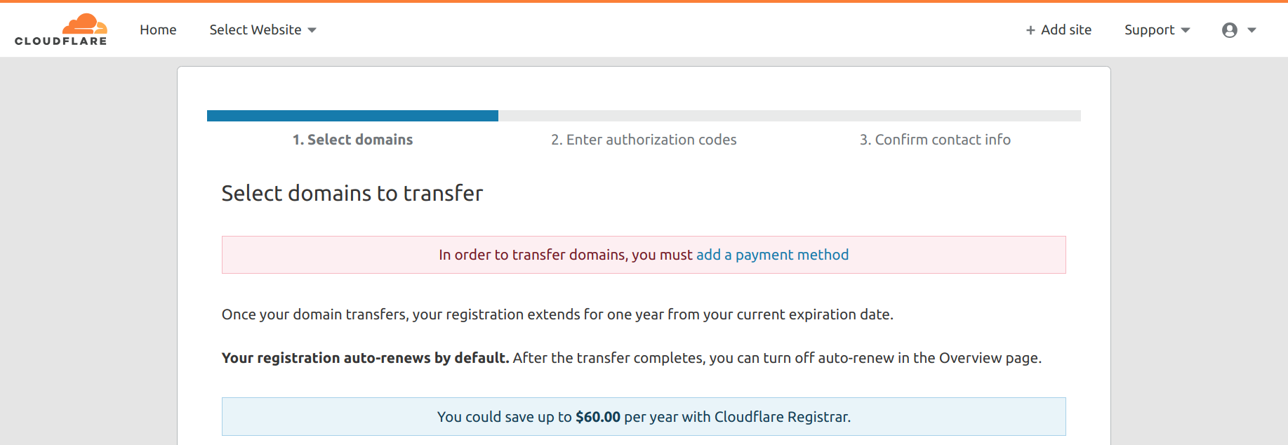 A screenshot of Cloudflare prompting me to add a payment method to continue.