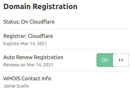 A screenshot of the domain name status box showing that the domain name registration is now with Cloudflare.