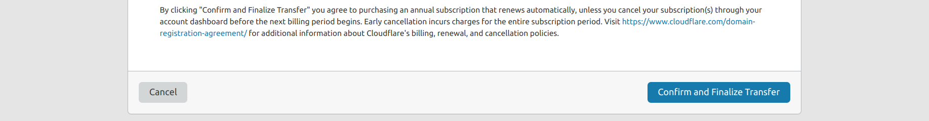 A screenshot the final confirmation button for transferring your domain to Cloudflare.