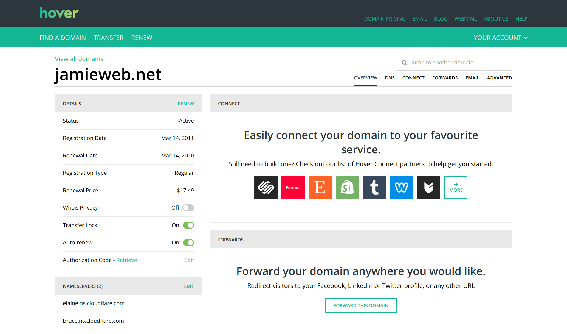 A screenshot of the Hover dashboard for jamieweb.net.