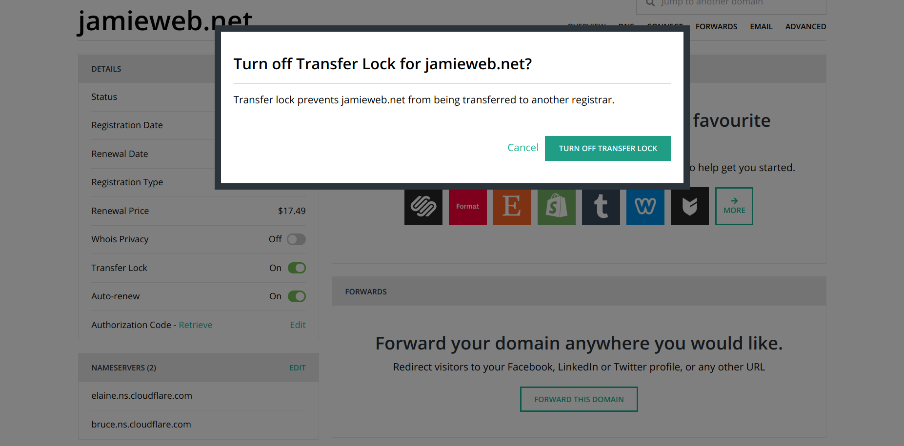 A screenshot of disabling transfer lock for jamieweb.net in the Hover dashboard.