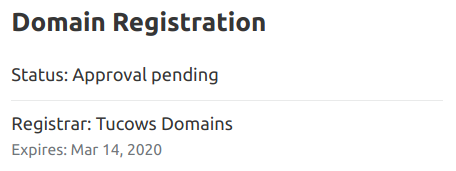 A screenshot of the domain name status box showing that the transfer approval is pending.
