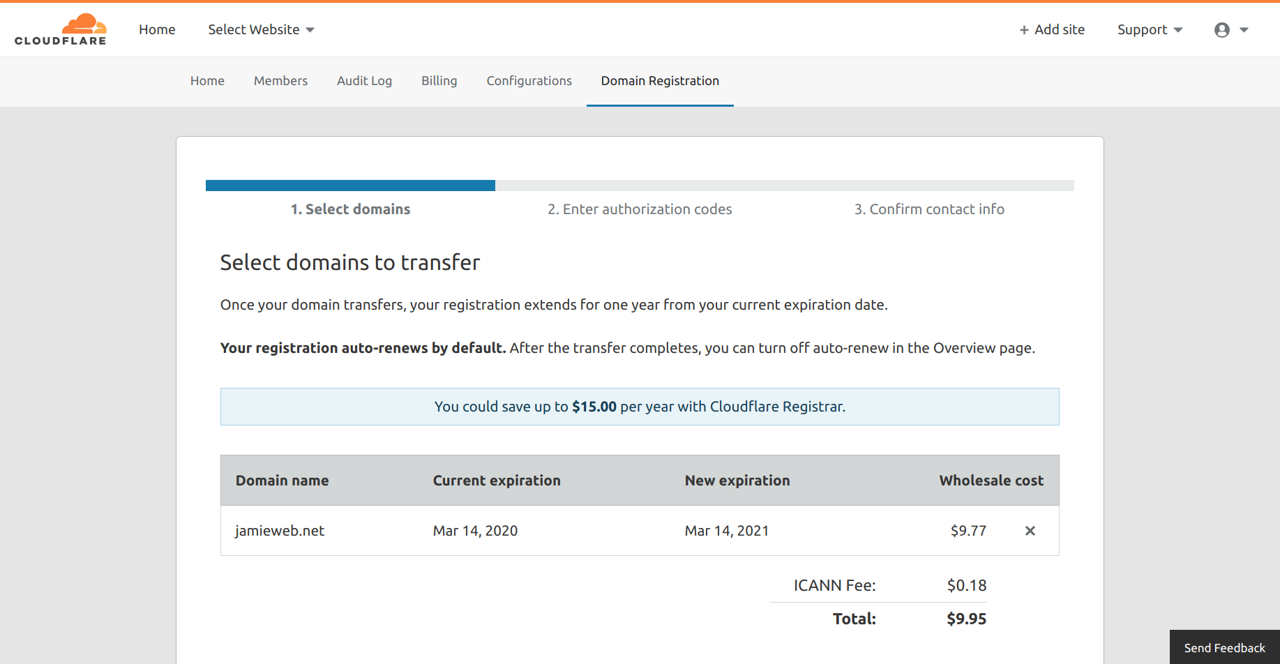 A screenshot of the domain name selection screen for choosing which domain names to transfer to Cloudflare.