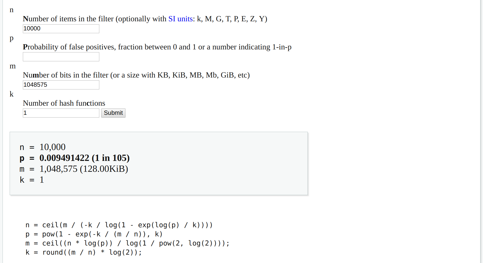 A screenshot of the Bloom filter calculator on hur.st.