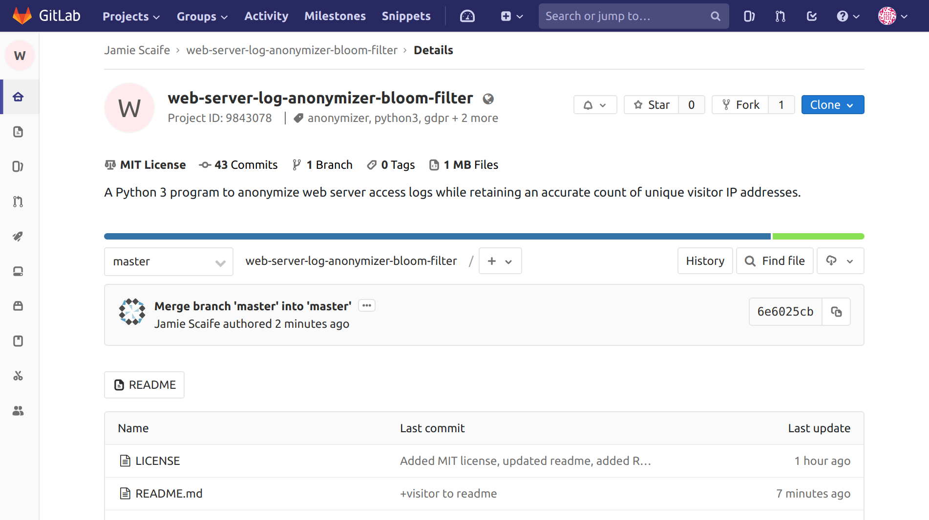 On screenshot of the repository page for jamieweb/web-server-log-anonymizer-bloom-filter on GitLab.